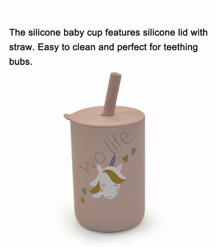 150ML Baby Silicone Cup with Exquisite Pattern Lid Portable Drink Straw Cup Children Leak-proof Feeding Grandma Bottle Cup