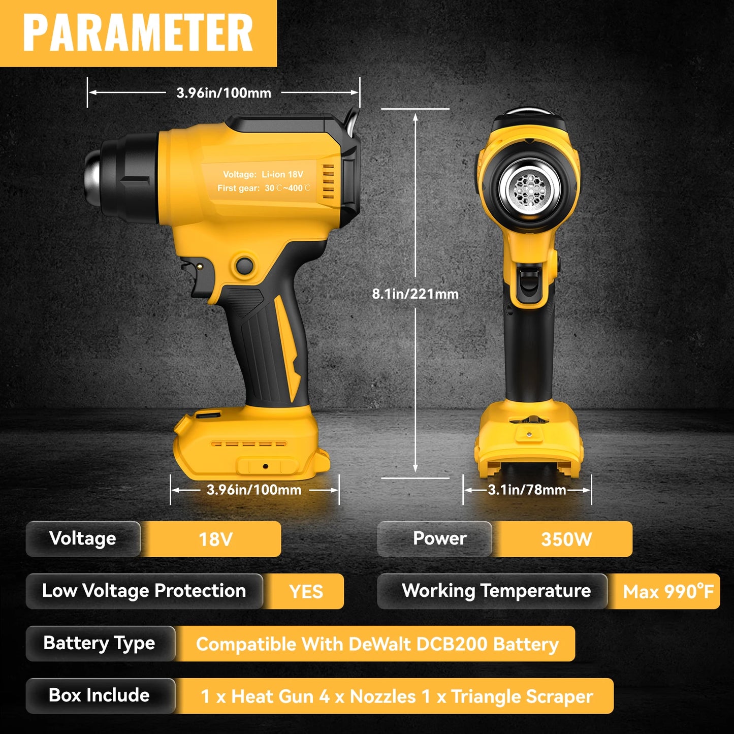 Cordless Heat Gun for Dewalt 20V Battery, 350W Fast Heating Soldering Hot Air Gun 30℃-550℃ air tempreature