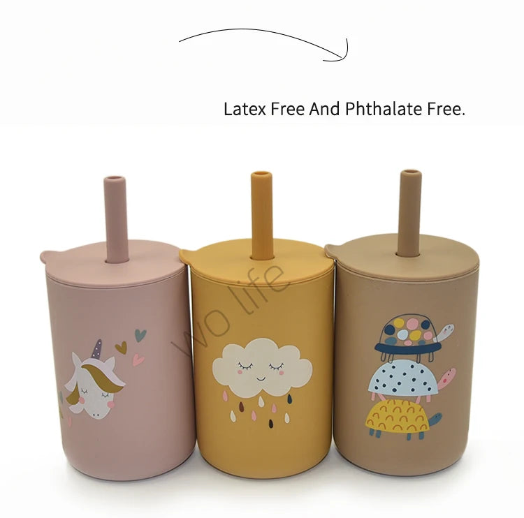 150ML Baby Silicone Cup with Exquisite Pattern Lid Portable Drink Straw Cup Children Leak-proof Feeding Grandma Bottle Cup