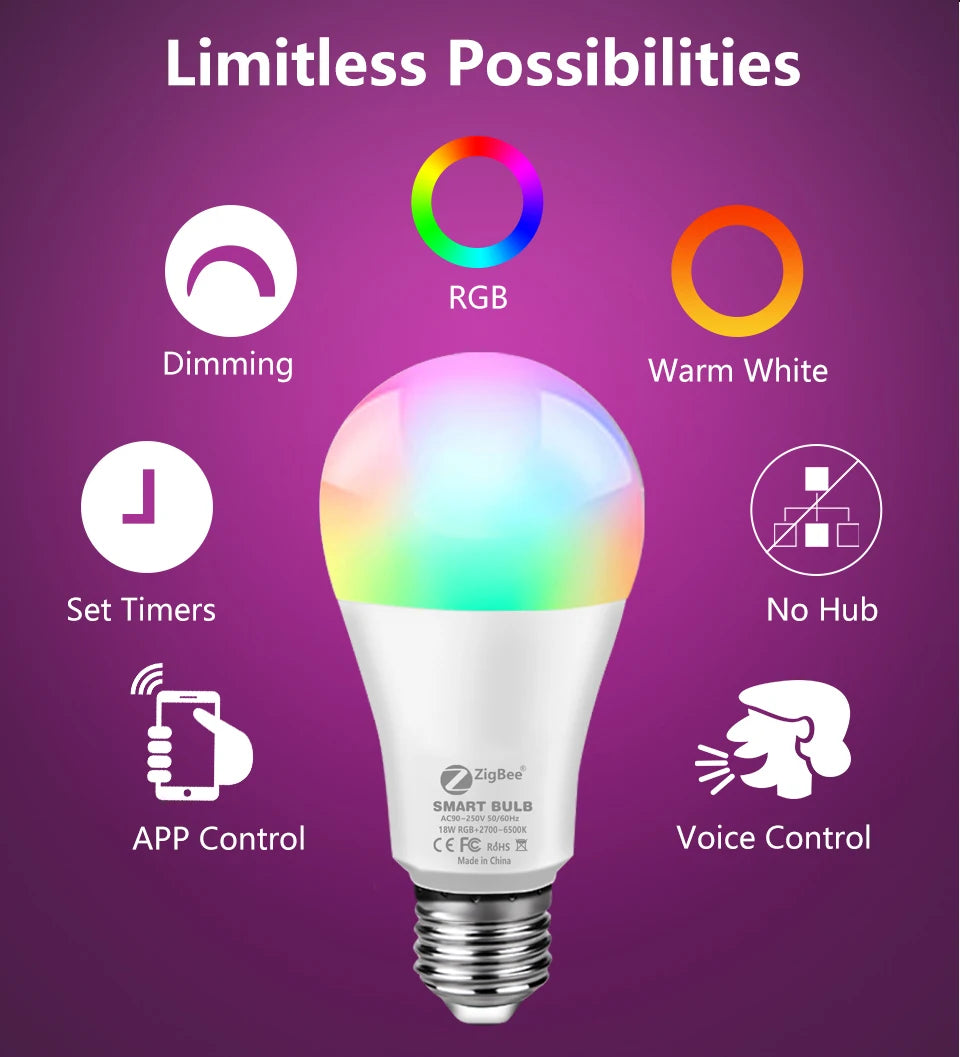 Smart LED Bulb Tuya WiFi Lamp Light E27 RGB Zigbee 3.0 12W 110V 220V Smart Home Decor Lighting Voice Control Via Alexa Google