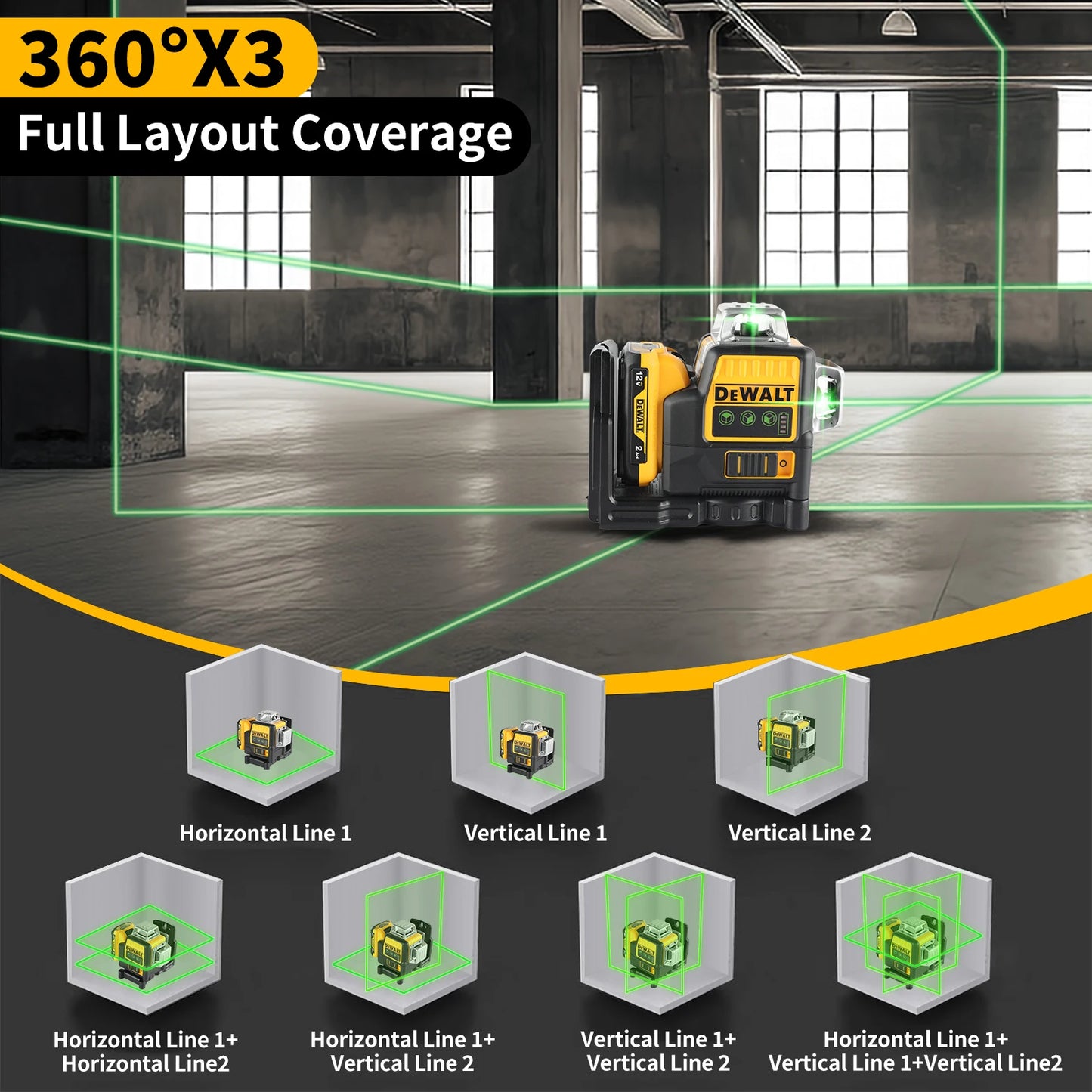 Dewalt DW089LG 12 Lines 3 Sides*360 Degree Vertical 12V Lithium  Level Horizonta Battery Laserl