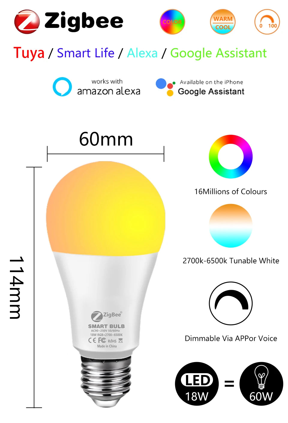 Smart LED Bulb Tuya WiFi Lamp Light E27 RGB Zigbee 3.0 12W 110V 220V Smart Home Decor Lighting Voice Control Via Alexa Google