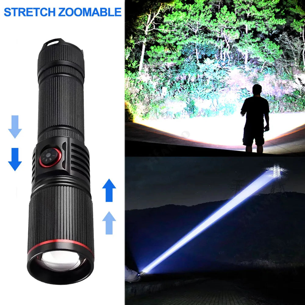 USB Rechargeable Powerful LED Flashlight Outdoors 18650 or 21700 Battery Telescopic Zoom Torch Camping Lamp with Power Indicator