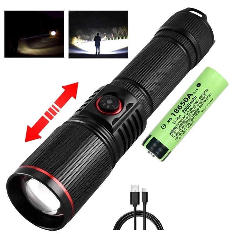 USB Rechargeable Powerful LED Flashlight Outdoors 18650 or 21700 Battery Telescopic Zoom Torch Camping Lamp with Power Indicator