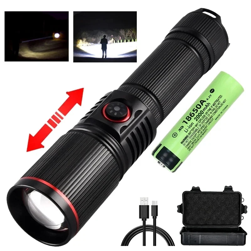 USB Rechargeable Powerful LED Flashlight Outdoors 18650 or 21700 Battery Telescopic Zoom Torch Camping Lamp with Power Indicator