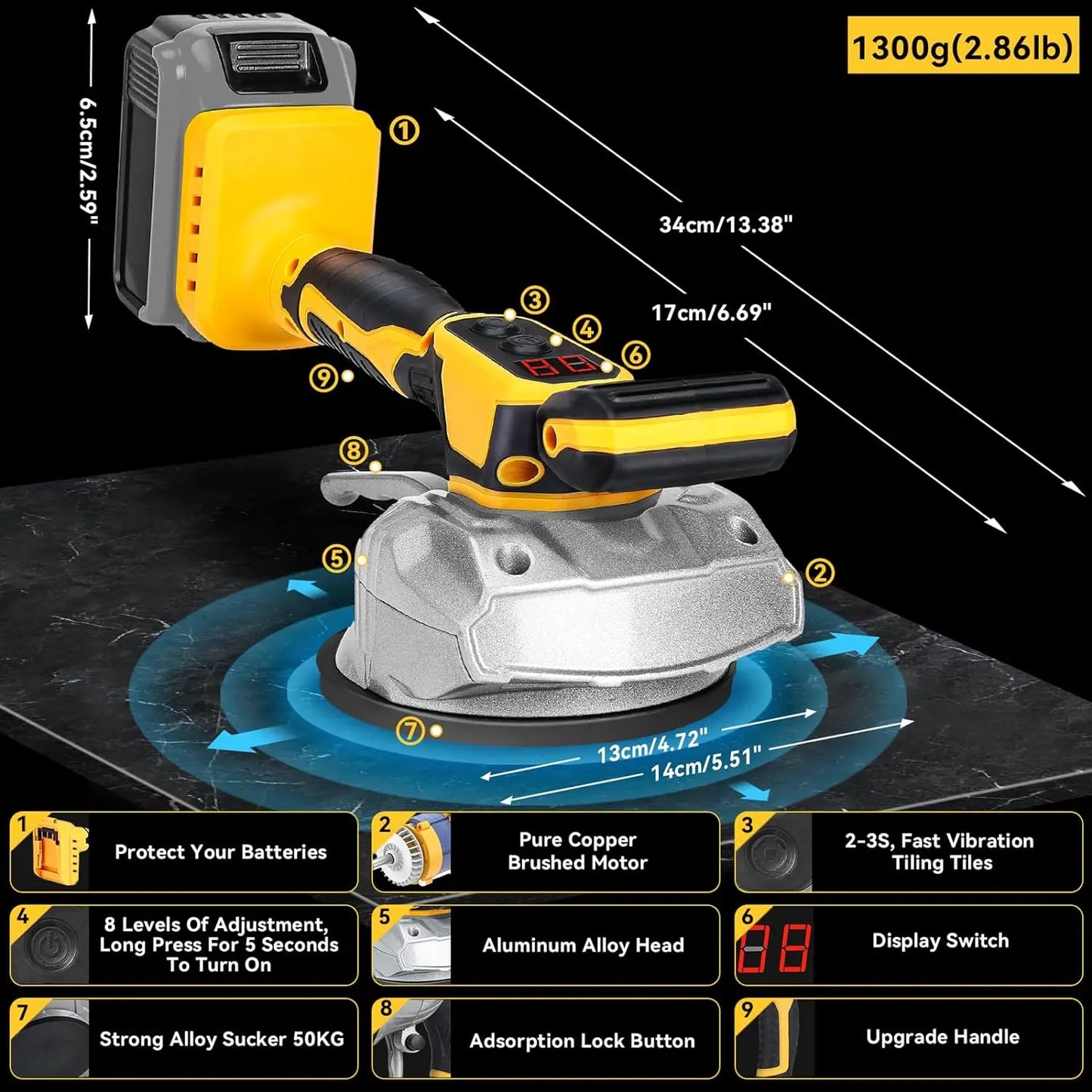 Tile Vibration Leveling Machine Portable Tiler Vibrator Tool 8 Adjustable Speed Suction Cup Digital Display for Dewalt 20V Max