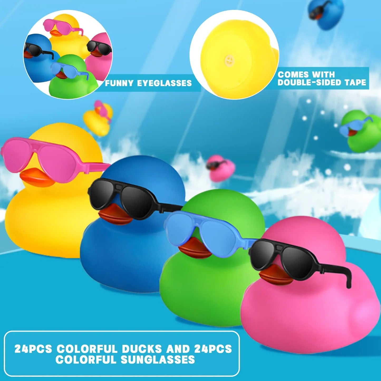 24 Pcs Mini Rubber Ducks with Sunglasses, Rubber Ducks in Bulk Valentine Duck Bathtub Toys for Kids Classroom Gift Exchange