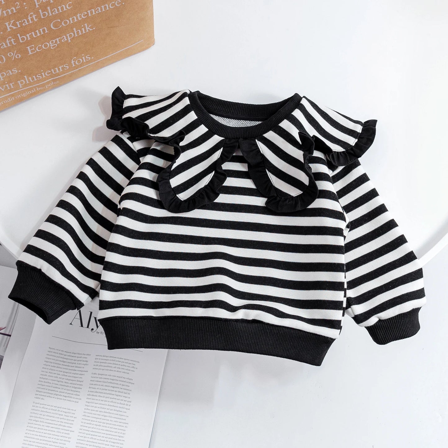 Fashion Baby Girls Sweatshirt Korean Style Ruffles Peter Pan Collar Kids Girl Pullover Tops Long Sleeve Striped Hoody T-Shirts