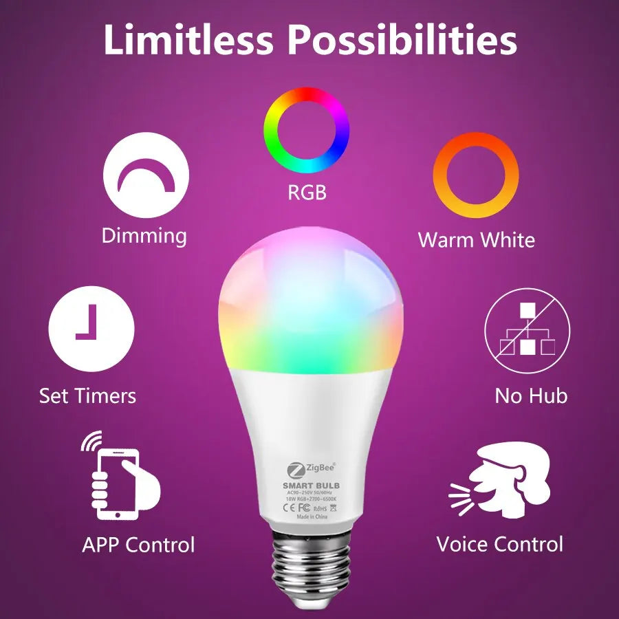 Smart LED Bulb Tuya WiFi Lamp Light E27 RGB Zigbee 3.0 12W 110V 220V Smart Home Decor Lighting Voice Control Via Alexa Google