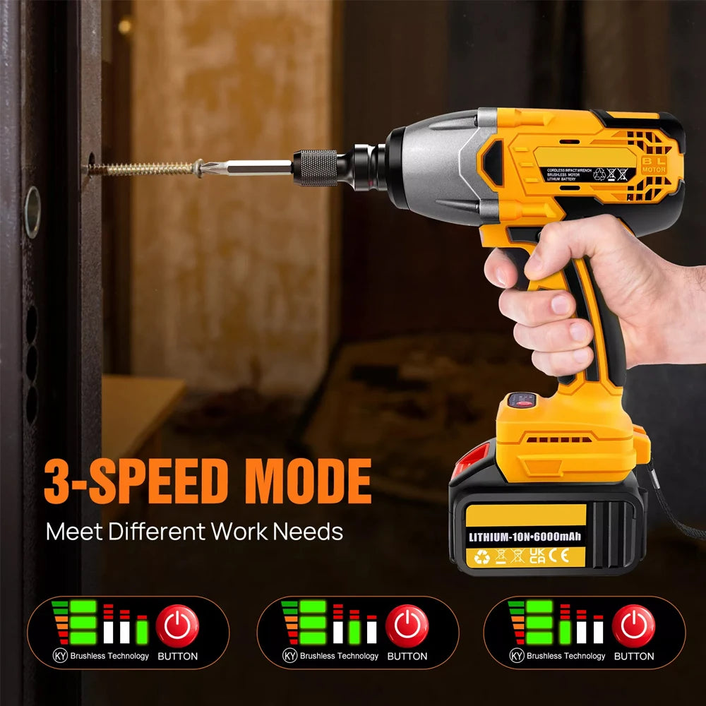 Real 800N.M Torque Brushless Electric Impact Wrench 1/2", 21V Battery Cordless Wrench for Car Repair, 3 IN 1 Power Tool 3 Speeds