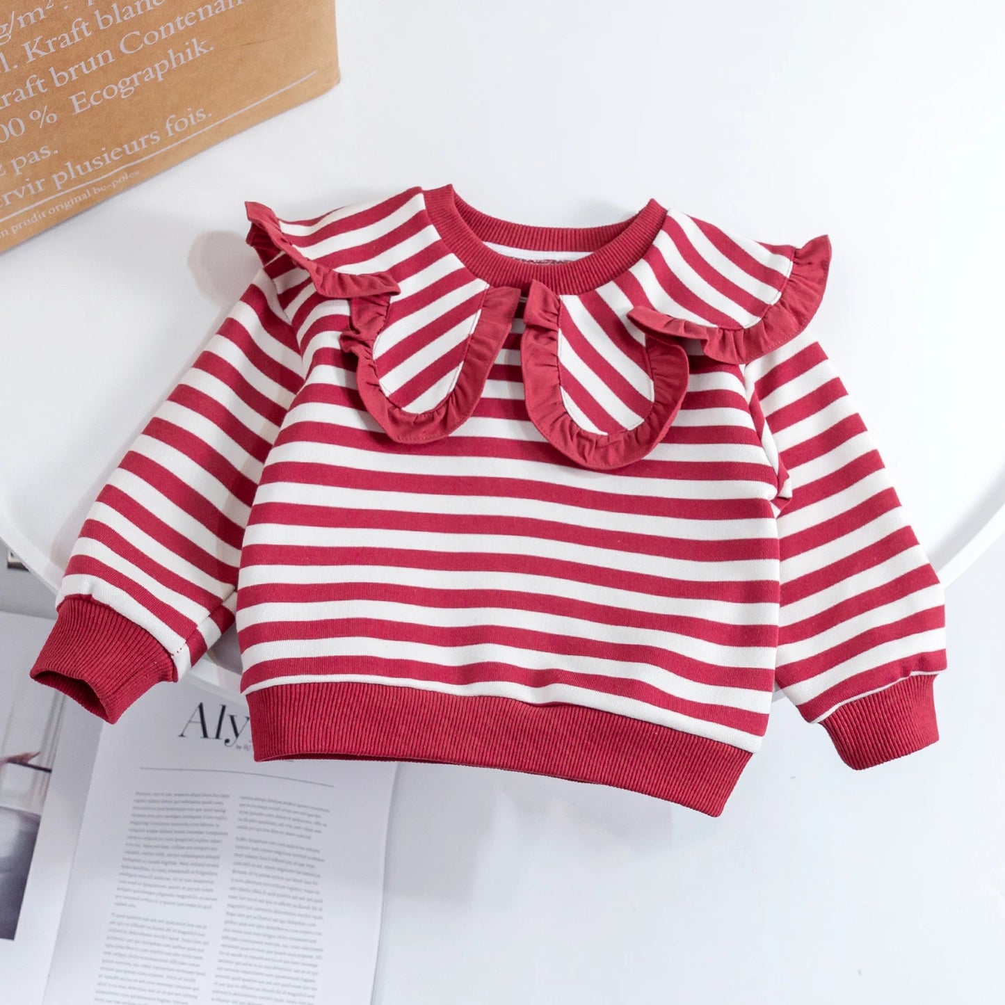 Fashion Baby Girls Sweatshirt Korean Style Ruffles Peter Pan Collar Kids Girl Pullover Tops Long Sleeve Striped Hoody T-Shirts