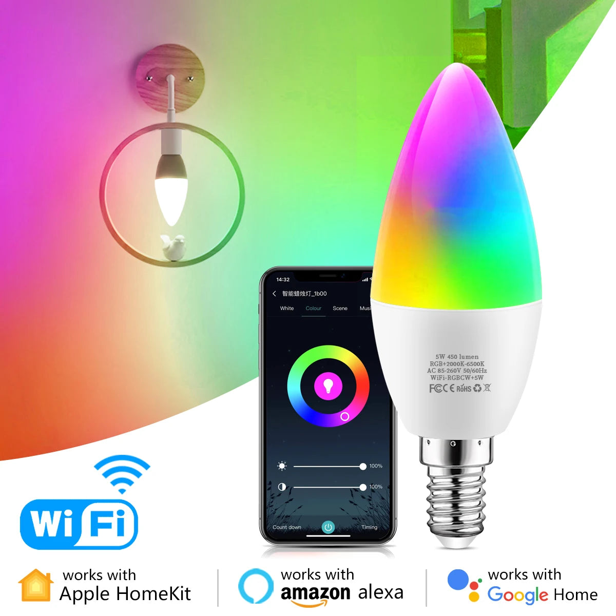 HomeKit E14 Candle Light 5W Smart WiFi RGBCW LED Bulb Dimmable Cozylife APP Siri Voice Control Work with Alexa Echo Google Home