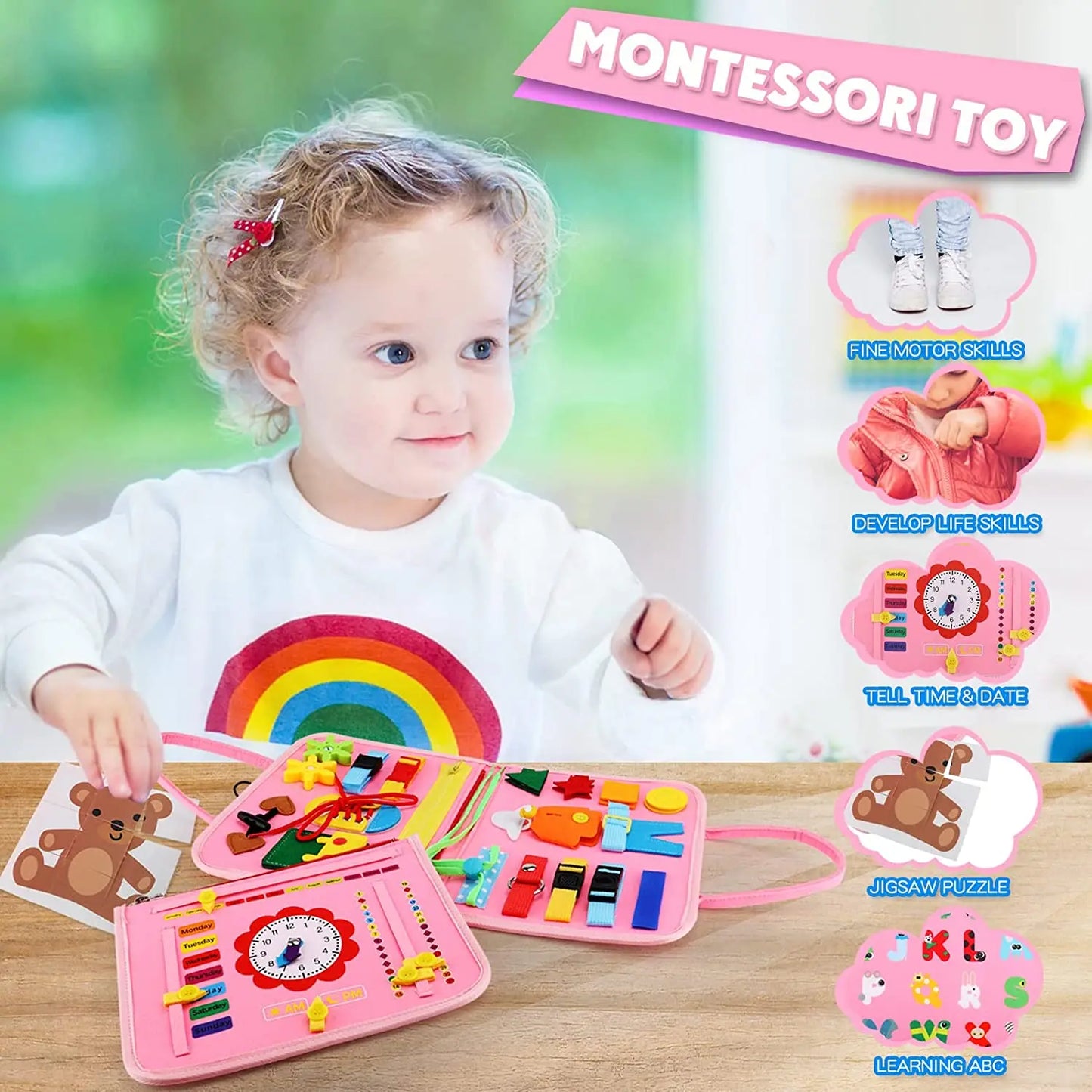 Montessori Busy Board Educational Activity Developing Sensory Board Fine Basic Dress Motor Skills Travel Toy Gift for Boys Girls