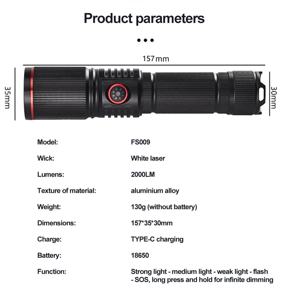 USB Rechargeable Powerful LED Flashlight Outdoors 18650 or 21700 Battery Telescopic Zoom Torch Camping Lamp with Power Indicator