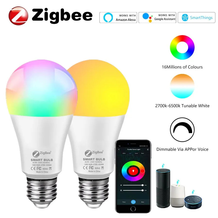 Smart LED Bulb Tuya WiFi Lamp Light E27 RGB Zigbee 3.0 12W 110V 220V Smart Home Decor Lighting Voice Control Via Alexa Google