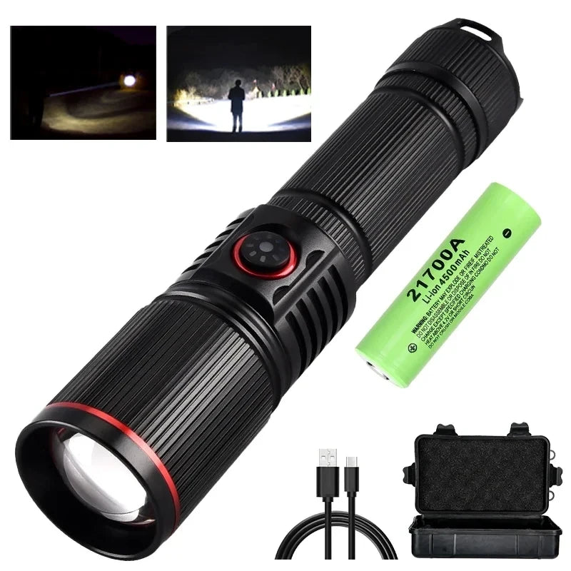 USB Rechargeable Powerful LED Flashlight Outdoors 18650 or 21700 Battery Telescopic Zoom Torch Camping Lamp with Power Indicator