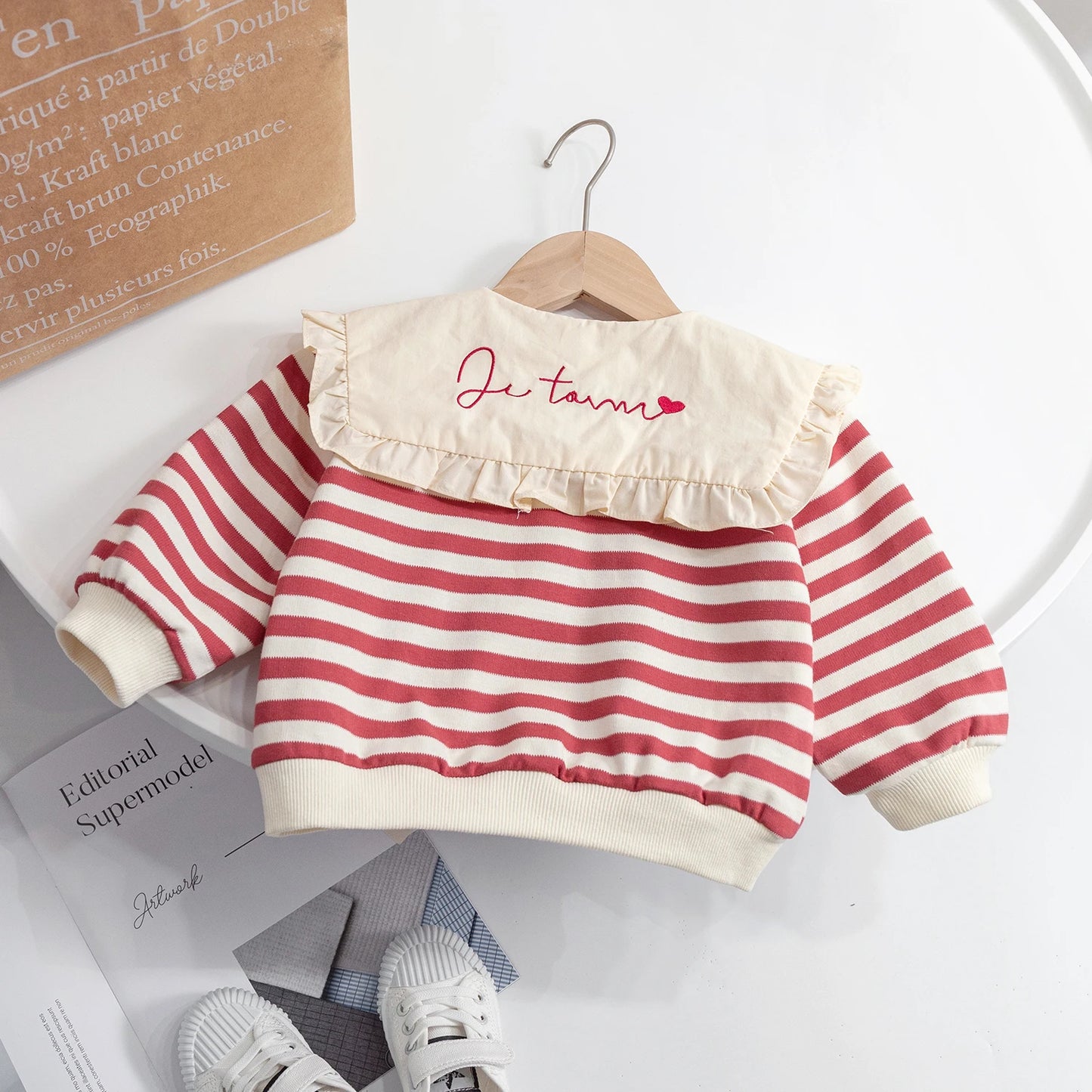 Fashion Baby Girls Sweatshirt Korean Style Ruffles Peter Pan Collar Kids Girl Pullover Tops Long Sleeve Striped Hoody T-Shirts