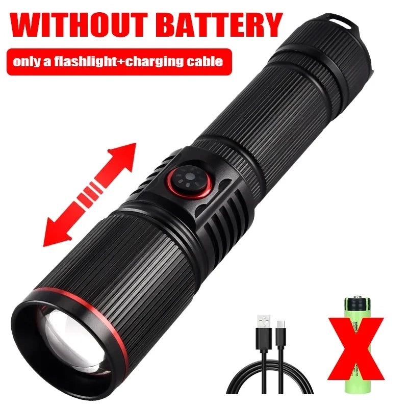 USB Rechargeable Powerful LED Flashlight Outdoors 18650 or 21700 Battery Telescopic Zoom Torch Camping Lamp with Power Indicator