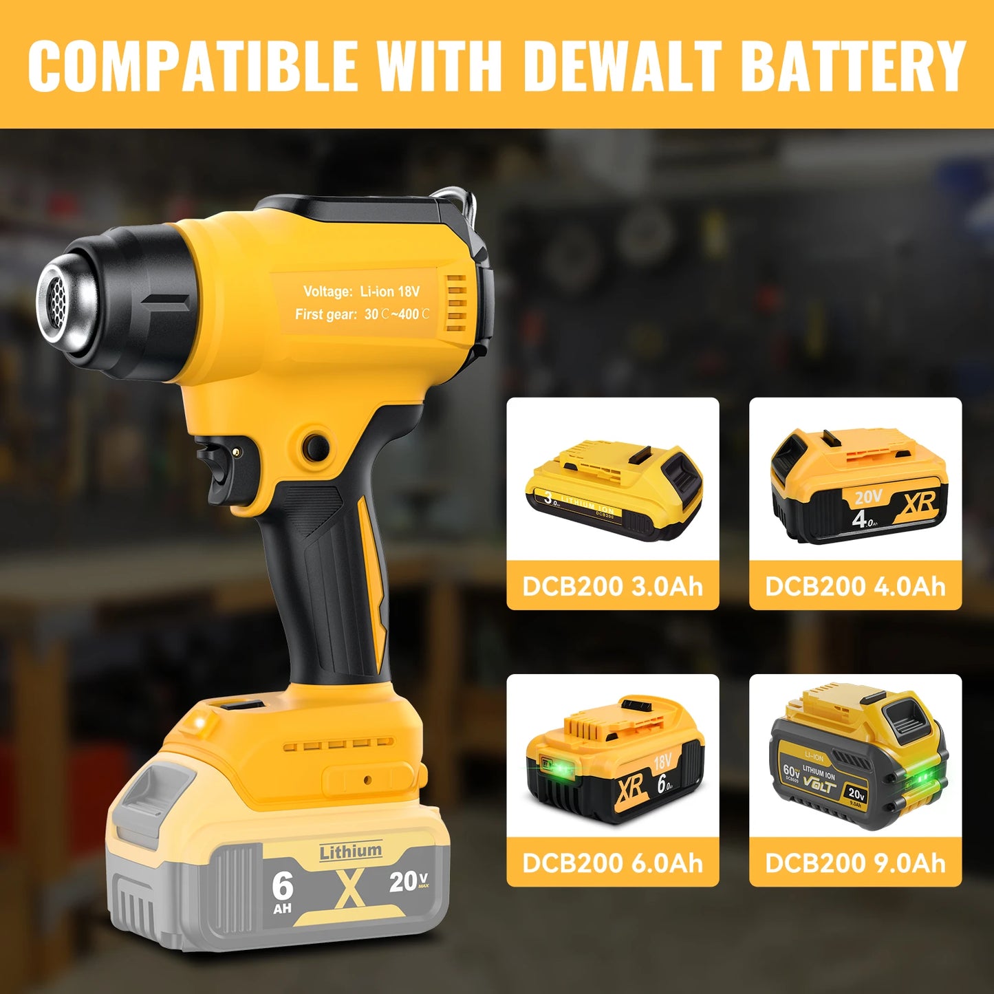 Cordless Heat Gun for Dewalt 20V Battery, 350W Fast Heating Soldering Hot Air Gun 30℃-550℃ air tempreature