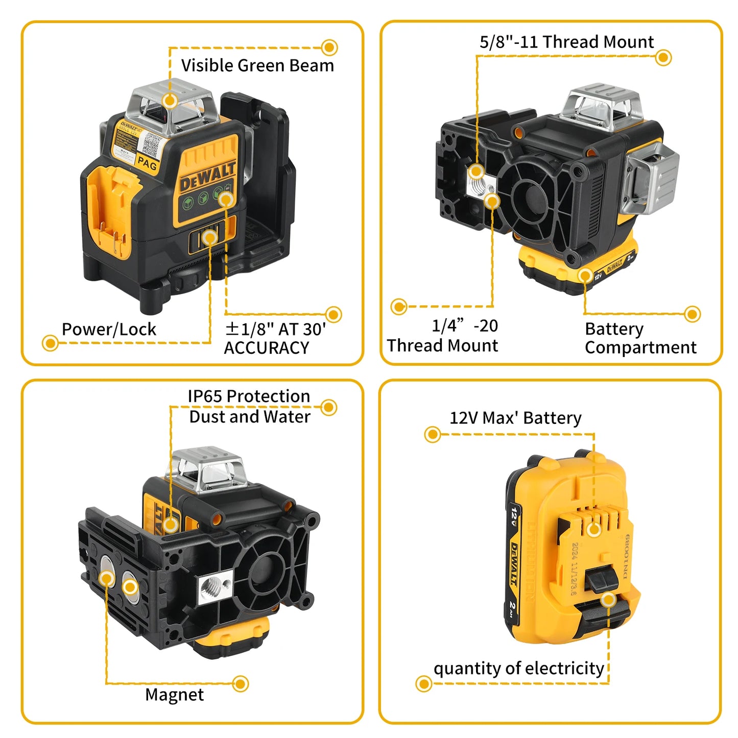 Dewalt DW089LG 3 Sides*360 Degree Lithium Battery Vertical 12V 12 Lines Laser Level Horizontal Green Light Level Meter