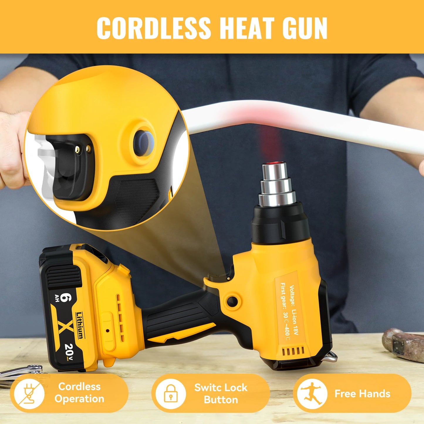 Cordless Heat Gun for Dewalt 20V Battery, 350W Fast Heating Soldering Hot Air Gun 30℃-550℃ air tempreature