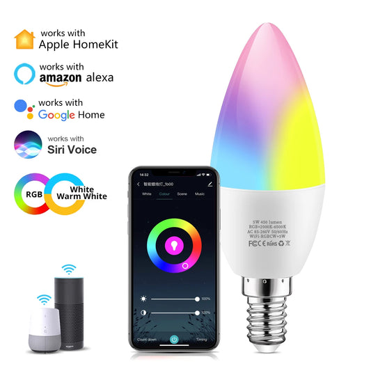 Homekit Smart Light Wifi Bulb Dimmable E14 Candle Lamp AC85-260V RGBCW Siri Voice Control Work with Alexa Echo Google Assistant