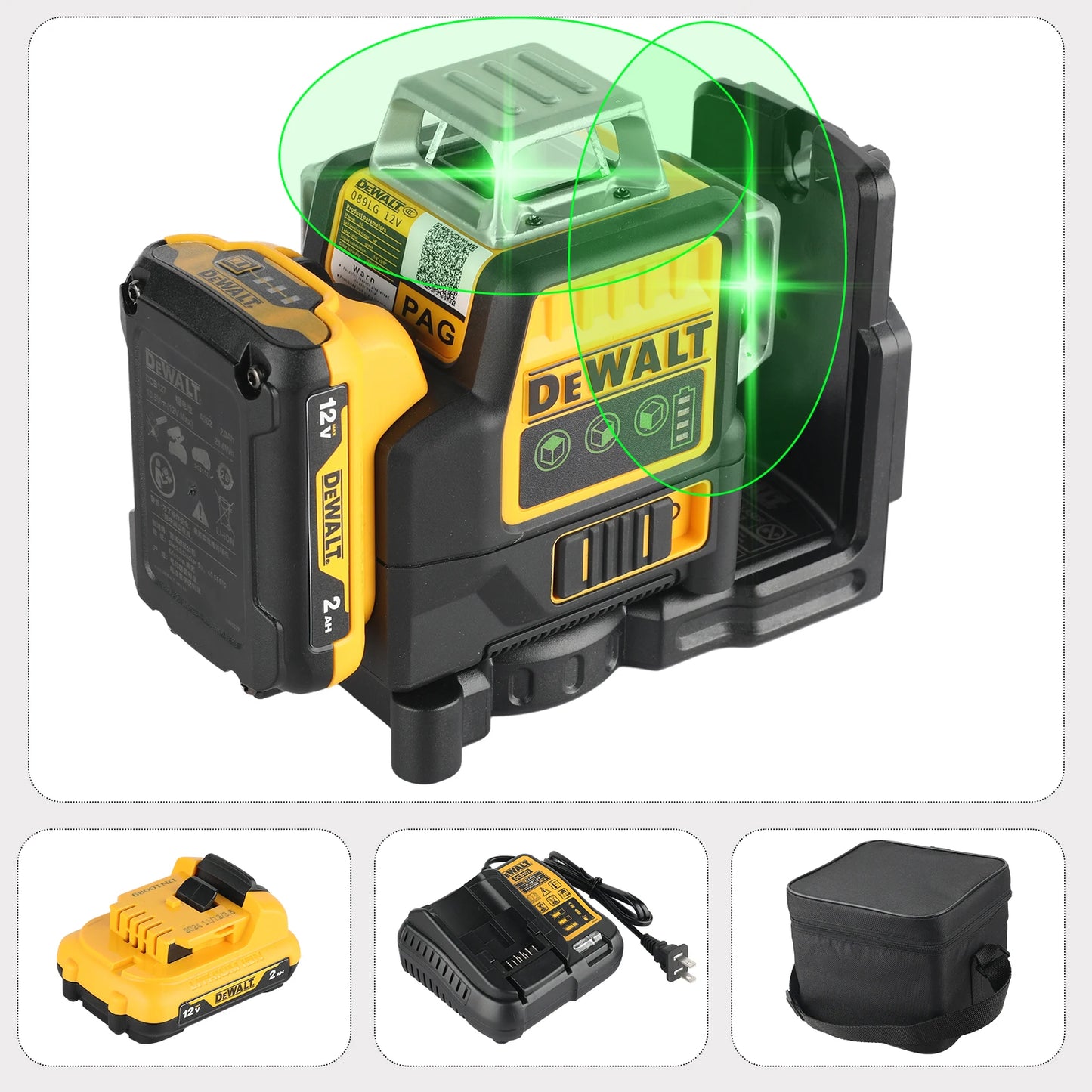 Dewalt DW089LG 3 Sides*360 Degree Vertical Lines Laser Level Horizontal 12V Lithium Battery Green Light Level Meter Outdoor