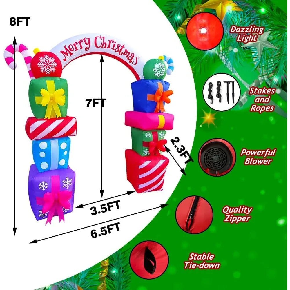 8 FT Christmas Inflatable Gift Boxes Arch Archway with Candy Merry Christmas Decoration Blow Up LED Lighted for Xmas