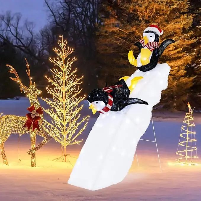 4 FT Lighted Christmas Penguin Slide Scene Decoration, 2 Sliding Penguins & Snowy Slide, Pre-Lit Christmas Penguin