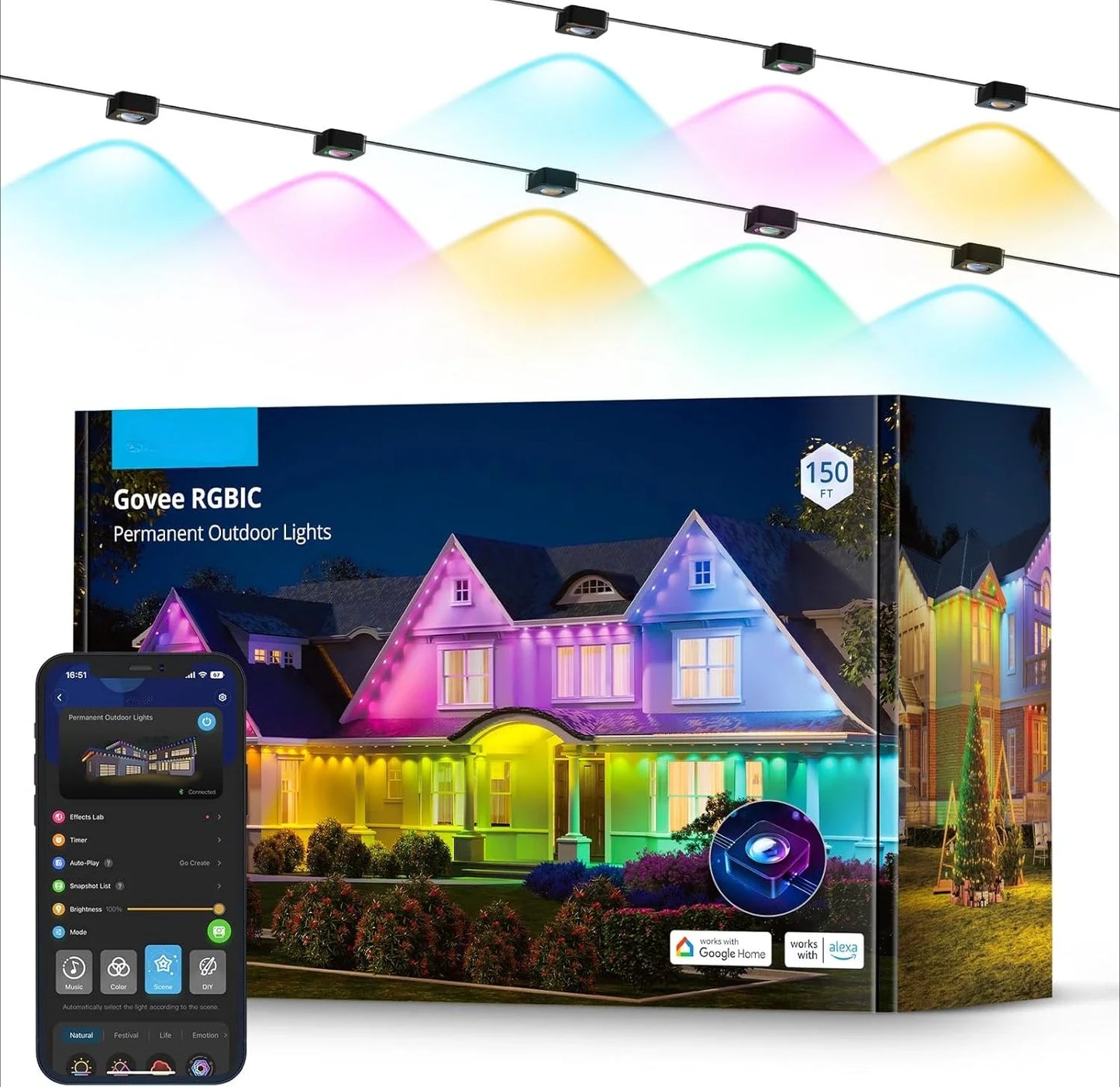 Permanent Outdoor Lights, Smart RGBIC Outdoor Lights with 75 Scene Modes, 100ft with 72 LED Eaves Lights, IP67 Waterproof,