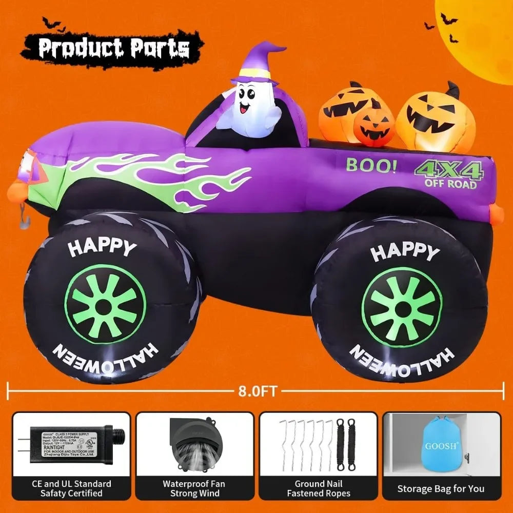 8 FT Long Halloween Inflatables Monster Truck Outdoor Decorations Blow Up Yard Cute Ghost with Pumpkin on Truck Car with B