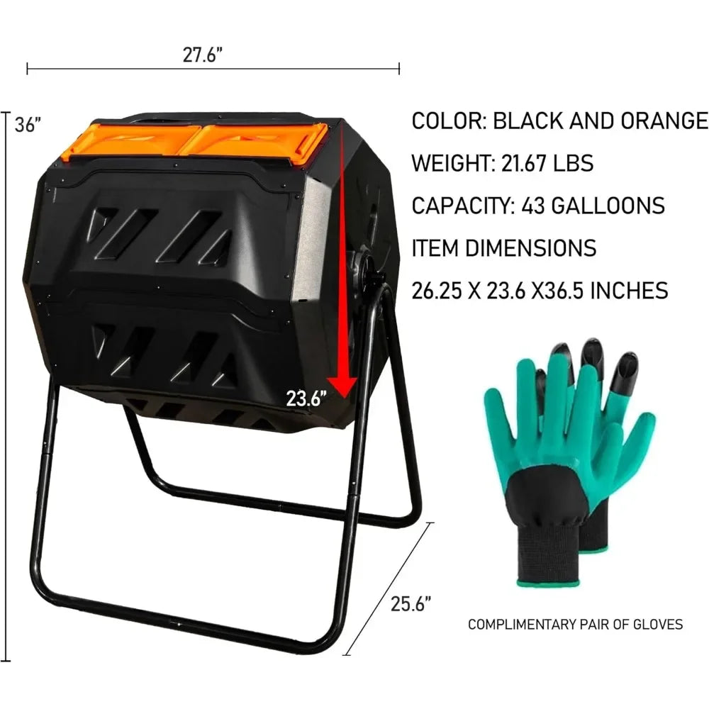 Outdoor Composting Bin, 43 Gallon Double Chamber Rolling Composting Bin, Rolling Rotary Composting Bin with Sliding Door