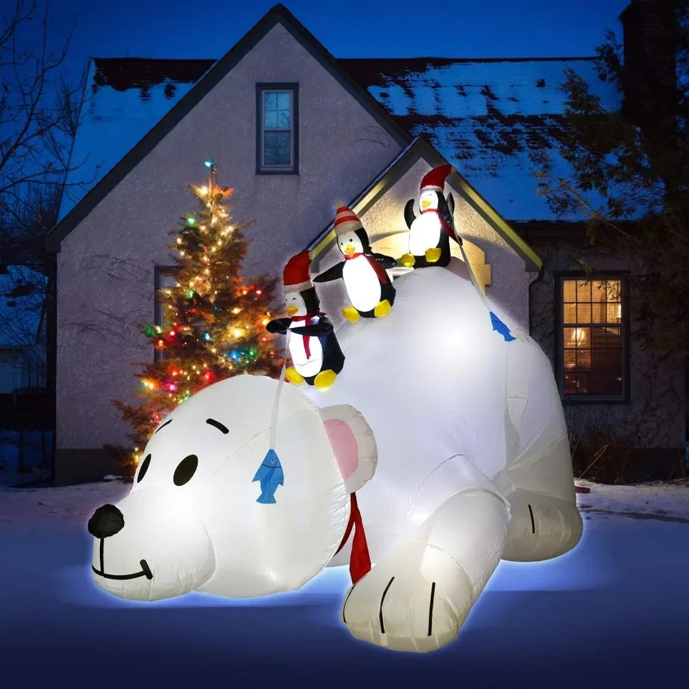 8 Feet Christmas Inflatable Decoration Penguins Fishing on Big Polar Bear, with LED Lighted Blow-Up Yard Party Decor