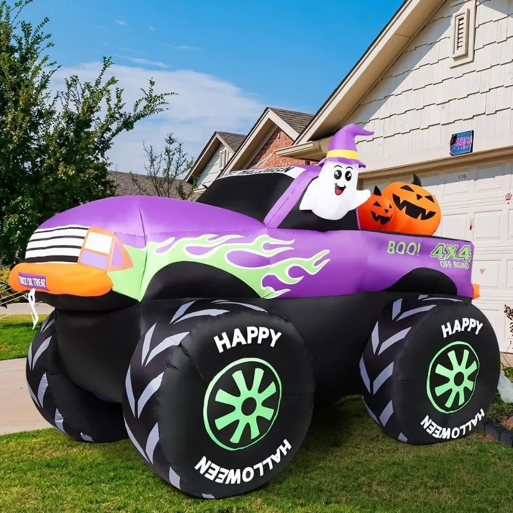 8 FT Long Halloween Inflatables Monster Truck Outdoor Decorations Blow Up Yard Cute Ghost with Pumpkin on Truck Car with B