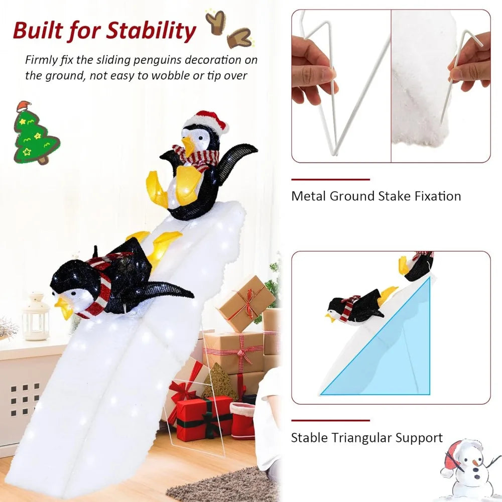 4 FT Lighted Christmas Penguin Slide Scene Decoration, 2 Sliding Penguins & Snowy Slide, Pre-Lit Christmas Penguin