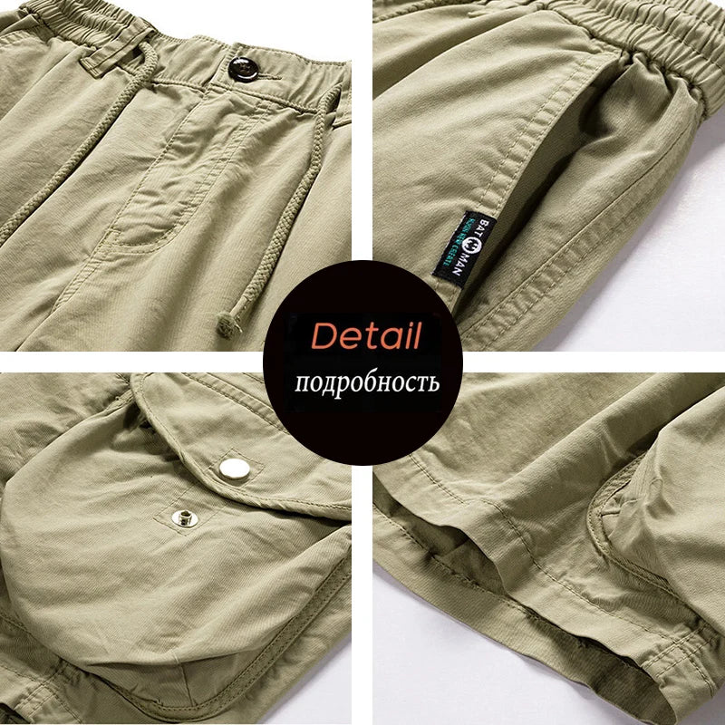 Summer Men Cargo Multi Pocket Shorts Pants Mens Casual Solid Cotton Shorts Elastic Waist Spring Jogger Shorts Male Dropshipping