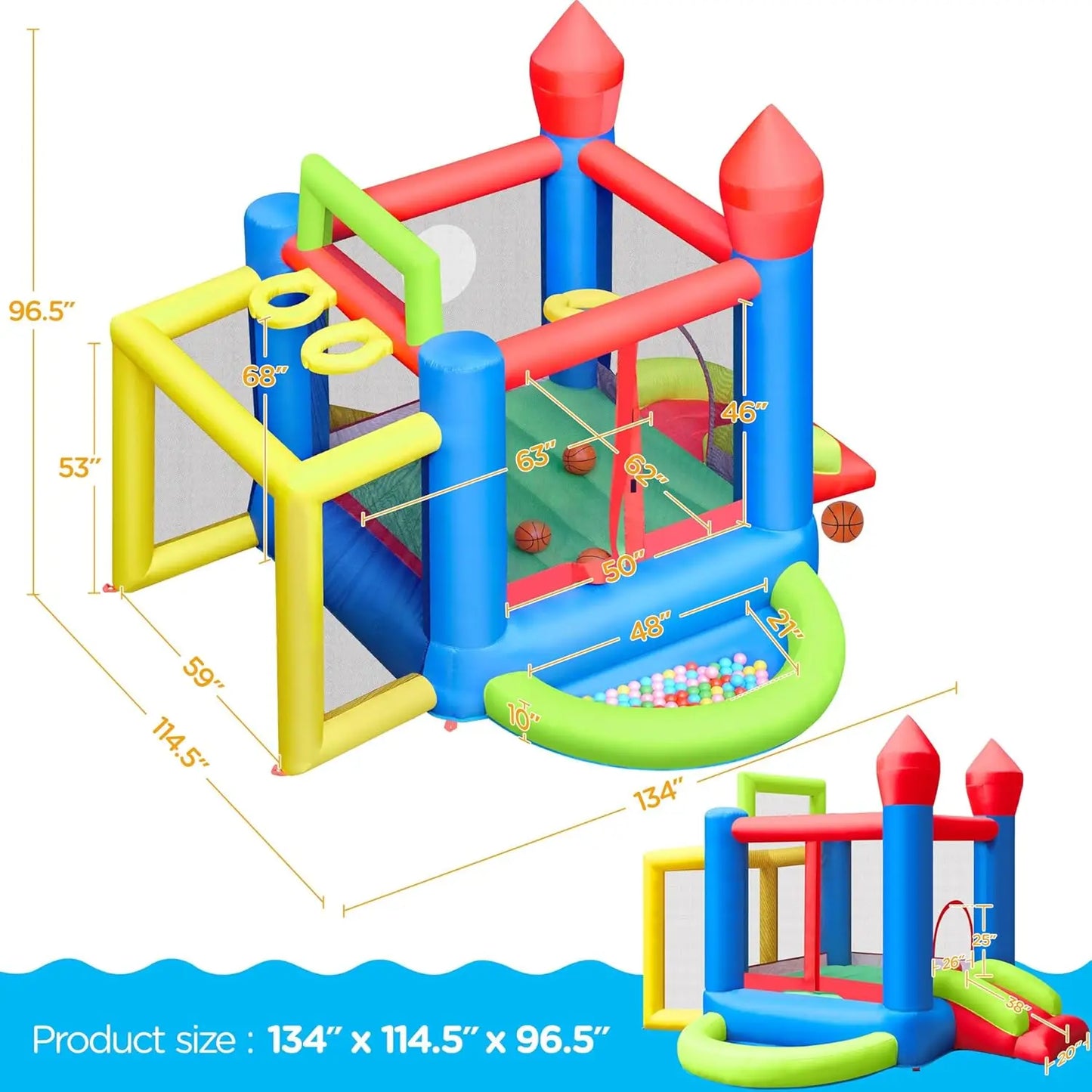 Inflatable Bounce House, 7-in-1 Bouncy Castle Combo w/Ball Pit & 3 Basketball Hoops  Soccer Goal  Dartboard  Slide,